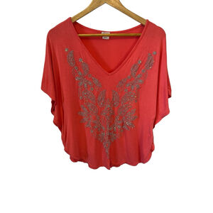 Women’s Top Coral Beaded Small Short Sleeve Loose Fit Shirt S